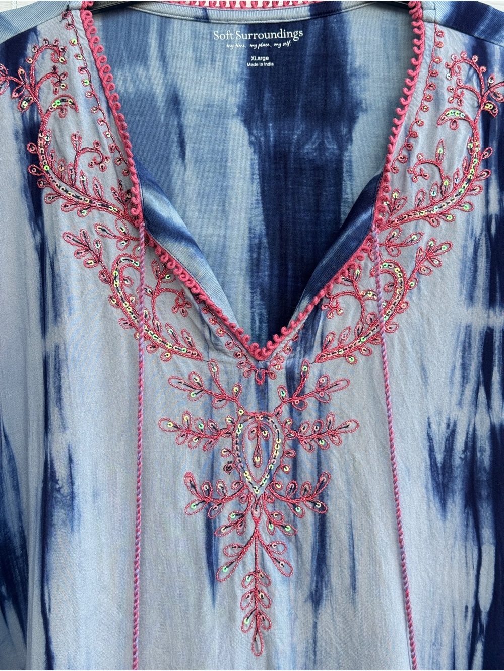Soft Surroundings XL Embroidered Tie Dye Tunic Boho Viscose Pink Blue Tassels - Picture 2 of 10